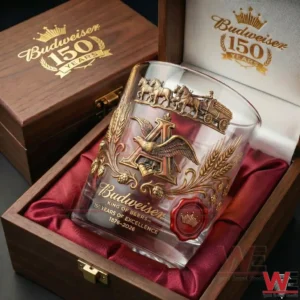 Budweiser anniversary glass displayed inside a wooden presentation box!