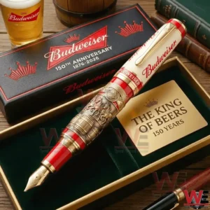 Luxury beer brand inspired fountain pen displayed in an elegant gift box on a wooden surface!