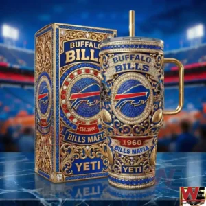 Front view of a blue and gold insulated tumbler with an ornate Buffalo Bills design displayed next to a matching decorative box!