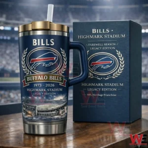 Navy Buffalo Bills tumbler with handle and straw next to a matching Highmark Stadium legacy edition gift box with team logo and laurel wreath design