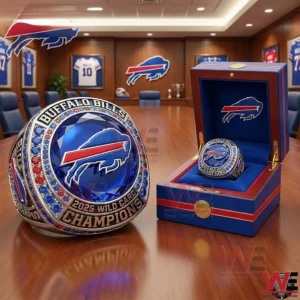 Buffalo Bills Wild Card Champions ring with blue red gemstones displayed with premium box in team office!