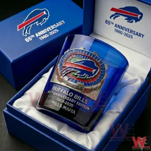 Blue Buffalo Bills anniversary whiskey glass resting inside a blue gift box with team logo and sixty fifth anniversary design!