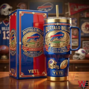 Buffalo Bills anniversary insulated tumbler and matching box with blue red and gold team design displayed on a wooden surface!