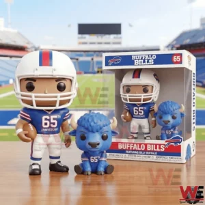 Stylized football player figure and blue buffalo mascot celebrating the Buffalo Bills sixty fifth anniversary displayed next to the branded retail box in a stadium environment!