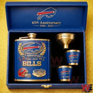 Open blue Buffalo Bills anniversary gift box containing a decorated flask a gold funnel and two matching cups celebrating the teams sixty fifth anniversary!