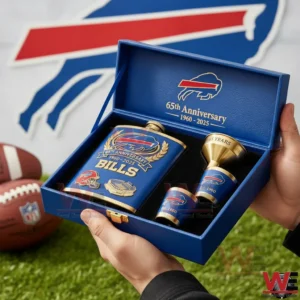 Hands holding an open Buffalo Bills sixty fifth anniversary flask gift set with a football themed background and team branding clearly visible!