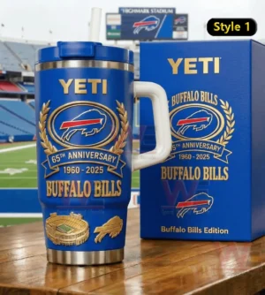 Royal blue insulated tumbler with handle and straw featuring Buffalo Bills sixty fifth anniversary graphics next to a matching collector box on a wooden table with a football stadium background!