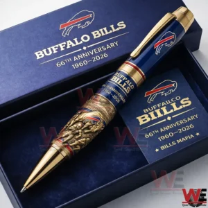 Buffalo Bills commemorative pen in a navy gift box with gold anniversary text and team logos.
