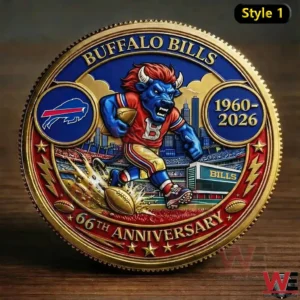 A close view of a Buffalo Bills anniversary coin displaying the Billy Buffalo mascot football imagery and decorative elements on a round metallic surface!