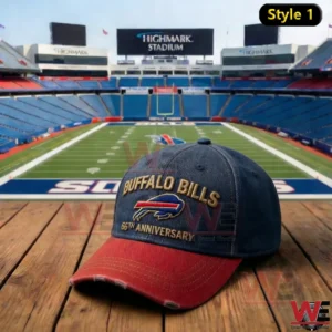 Football team cap displayed on wood with a stadium field and seats behind!