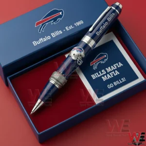 Buffalo Bills pen gift set in an open blue box with team logo and Bills Mafia Go Bills message on a card.