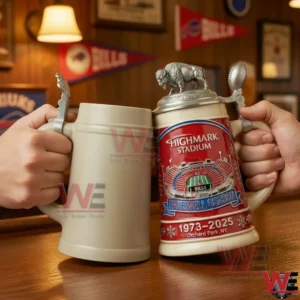 Hands clinking beer steins one plain and one red Buffalo Bills Highmark Stadium farewell season stein with buffalo lid topper in a Bills themed room.