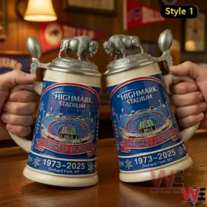 Two blue Buffalo Bills Highmark Stadium farewell season steins with buffalo lid toppers held together in a Bills themed room with warm lighting.
