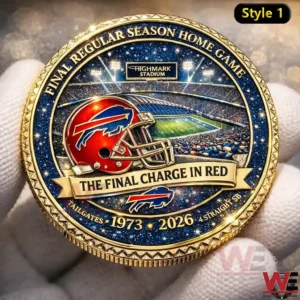 Gold trimmed Buffalo Bills commemorative coin showing Highmark Stadium night scene with red helmet and The Final Charge In Red text for a final regular season home game theme!