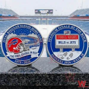Two Buffalo Bills commemorative coins shown side by side with a snowy Highmark Stadium background and visible team logo helmet and scoreboard design!