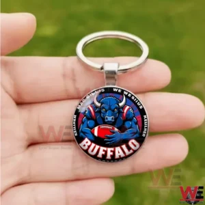 Blue buffalo football mascot keychain held in a hand!