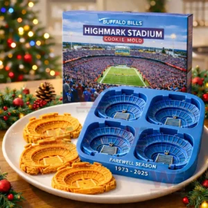 Buffalo Bills Highmark Stadium cookie mold set with a blue four cavity stadium mold tray a product box showing a packed football stadium and several stadium shaped cookies on a plate with holiday decor in the background!