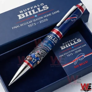 Buffalo Bills commemorative ballpoint pen in a presentation box featuring the team logo final regular season home game text and detailed player and stadium artwork.