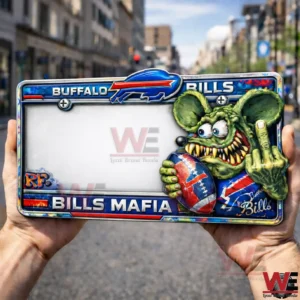 Buffalo Bills license plate frame held in two hands with blue red team branding and a green cartoon rat holding a football on the right side.