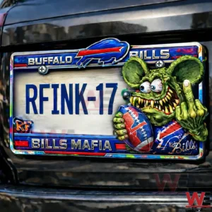 Buffalo Bills Rat Fink Bills Mafia Statement Car License Plate Frame 3 Buffalo Bills themed license plate frame on a black vehicle showing Bills Mafia text and a green cartoon rat holding a football beside the plate number RFINK seventeen.