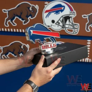 Metal Buffalo Bills buffalo logo ornament on a black base held in hands with a Bills themed background showing a helmet and buffalo icons!