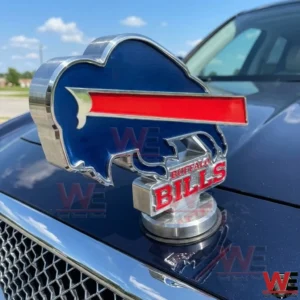 Buffalo Bills buffalo logo hood ornament displayed on a car hood with chrome details and a blue sky background!