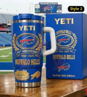 Buffalo Bills anniversary insulated tumbler with matching box displayed in a stadium background!