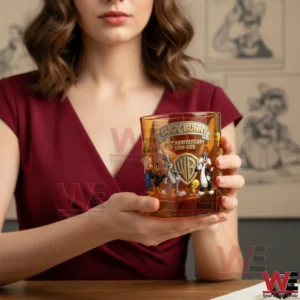 Woman holding an amber Bugs Bunny anniversary whiskey glass!