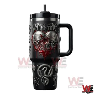 Bullet For My Valentine themed tumbler with skull heart design snake emblem handle lid and metal straw on a clean background!