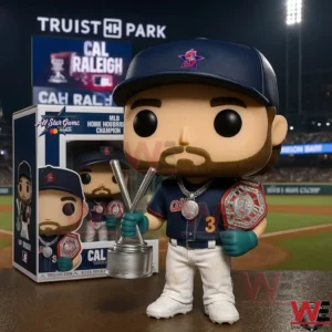 A baseball themed collectible figure of Cal Raleigh holding a trophy and championship belt standing on a field with stadium lights and boxed packaging nearby!