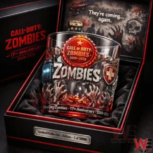 A collector edition Call of Duty Zombies glass resting in a premium box featuring anniversary branding bold textures and a dramatic display setting!