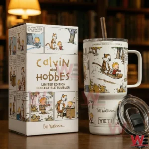 A white tumbler and a tall box are shown together with colorful comic illustrations covering all sides on a tabletop!