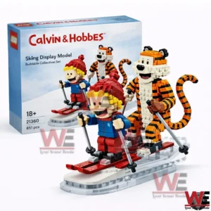 Calvin and Hobbes skiing display model building blocks set with the box in the background and the completed figures on a clear base!