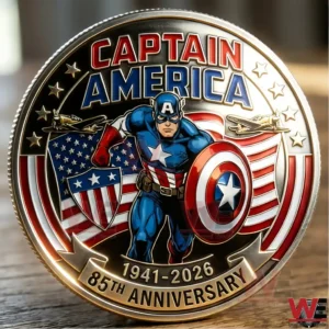 Captain America commemorative coin standing on a table with colorful patriotic artwork and a glossy detailed metal surface!