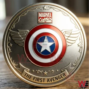 Rear view of a Captain America commemorative coin featuring a central shield emblem wing designs and elegant engraved metal details!