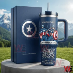 Captain America anniversary tumbler with shield themed box displayed outdoors on a pedestal!