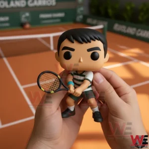 Hands holding a tennis player figure with a racket positioned on a miniature clay court with green stadium walls behind!