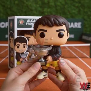 Hands presenting a tennis champion figure holding a trophy with a tennis court setting and product box behind!