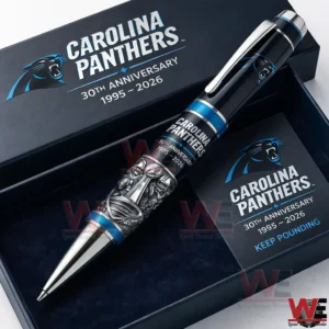 Black and blue Carolina Panthers commemorative anniversary pen inside an open gift box with team logo and thirtieth anniversary 1995 to 2026 text!