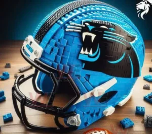 Carolina Panthers NFL Helmet Building Blocks Set 3 A blue football helmet built from building blocks sits on a table with loose blocks surrounding it!