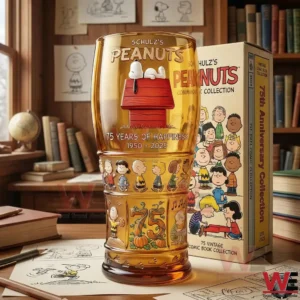 A Peanuts anniversary glass with Snoopy on a red doghouse surrounded by classic character illustrations and vintage comic art in a warm studio setting!