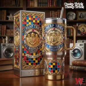 Gold detailed insulated tumbler and collector box featuring Cheap Trick All Washed Up Tour design on a wooden table!