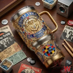 Decorative Cheap Trick All Washed Up Tour tumbler placed among tickets and band memorabilia on a table!