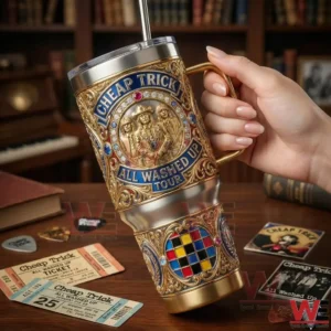 Hand holding a gold detailed Cheap Trick All Washed Up Tour insulated tumbler with straw!