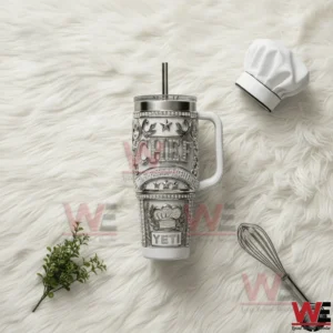 Chef themed insulated tumbler with decorative metal design on a light background!