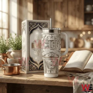 Chef style insulated tumbler standing on a wooden table next to a decorative box!