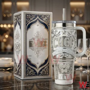 Decorative chef insulated tumbler displayed with matching box on a glossy surface!