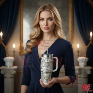 Woman holding a chef themed insulated tumbler in an elegant indoor setting!