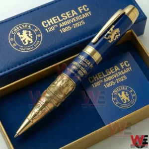 Blue and gold Chelsea FC anniversary pen displayed inside a matching presentation box with club emblem and refined decorative elements!