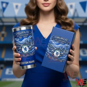 Woman holding Chelsea FC anniversary stainless tumbler with gift box!